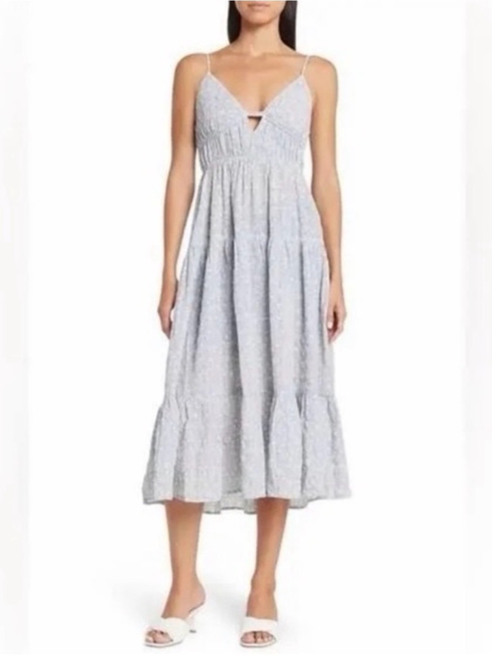Sophie Rue Light Blue Gray Smocked Midi Dress with Spaghetti Straps